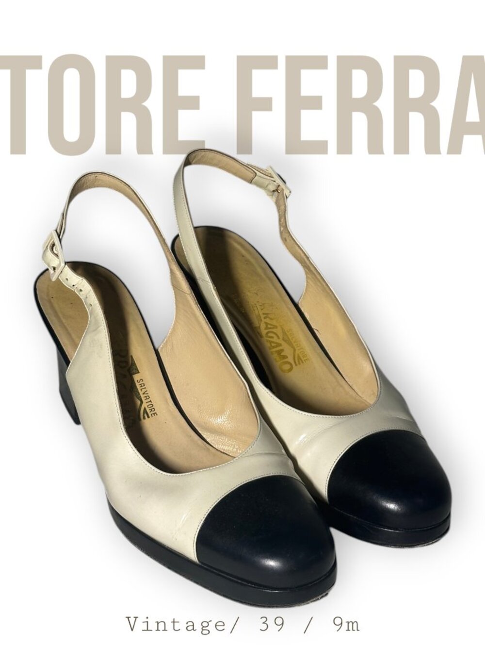 Vintage Salvatore Ferragamo Two-Tone Cap Toe Slingback Platform Block Heels - Si